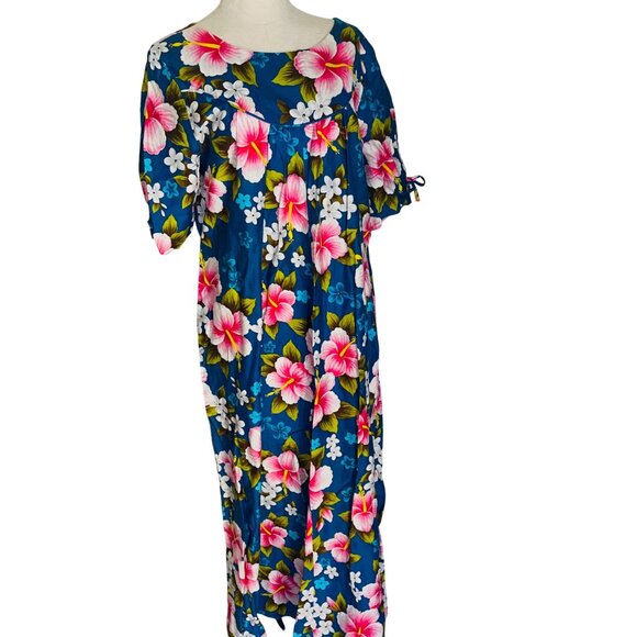 Ui Maikai Vintage Womens Dress Size Large Blue Floral Maxi Pure Cotton - Picture 8 of 12